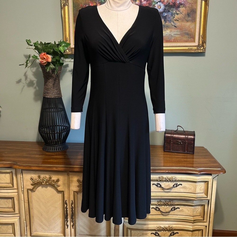 Ralph Lauren Black Ruched V Neck Midi Dress